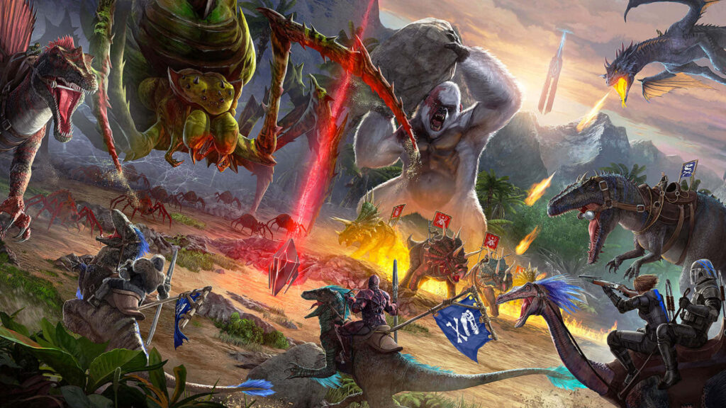 Epic ARK Survival battle with armored riders fighting atop dinosaurs in prehistoric landscape wallpaper