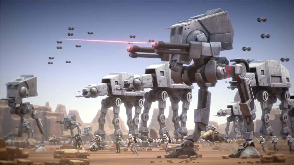 AT-AT walkers advancing on battlefield with lasers firing and troops under clear sky wallpaper