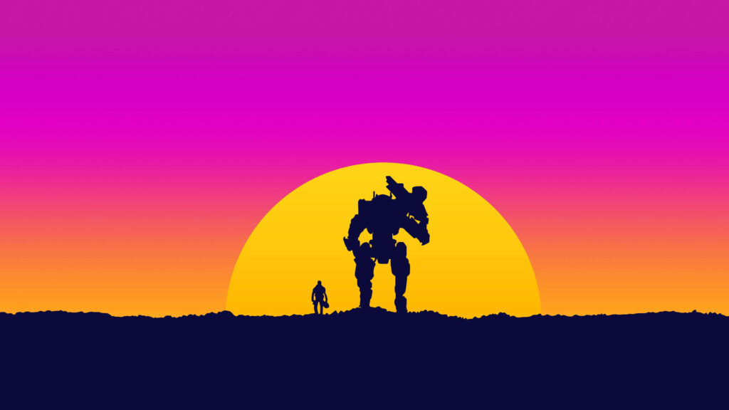Minimalist Wallpaper: Human Silhouette & Towering Mechanical Figure