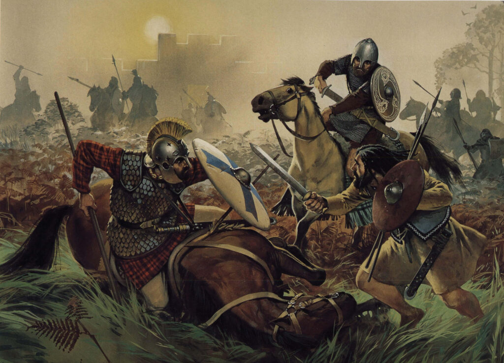 Ancient warriors battling with swords and shields near sunlit fortress and distant cavalry background Wallpaper