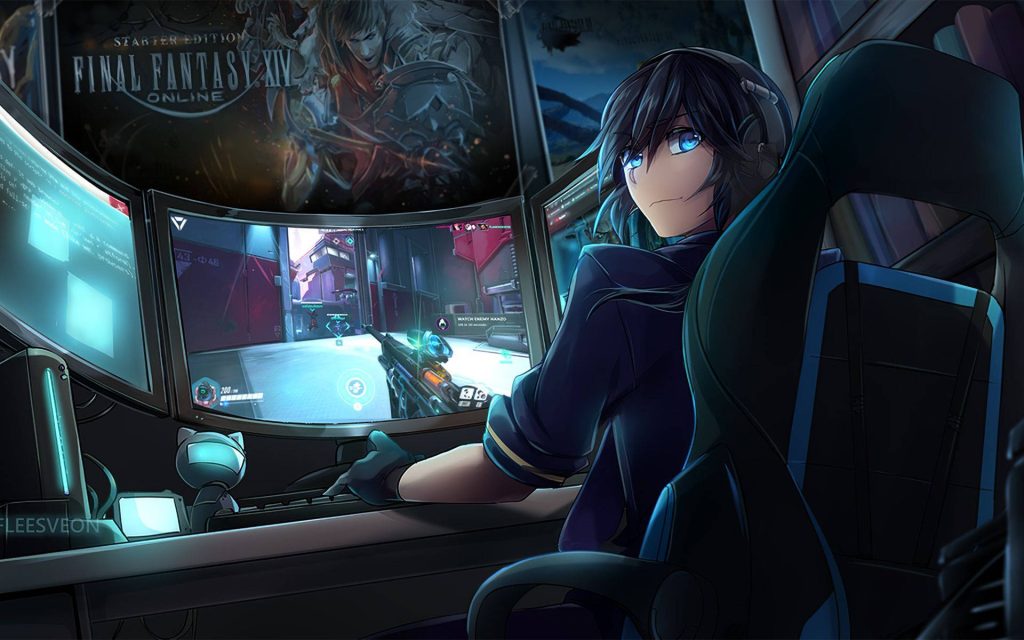 Anime gamer boy with glowing blue eyes at multi-monitor setup playing Overwatch and Final Fantasy XIV Wallpaper