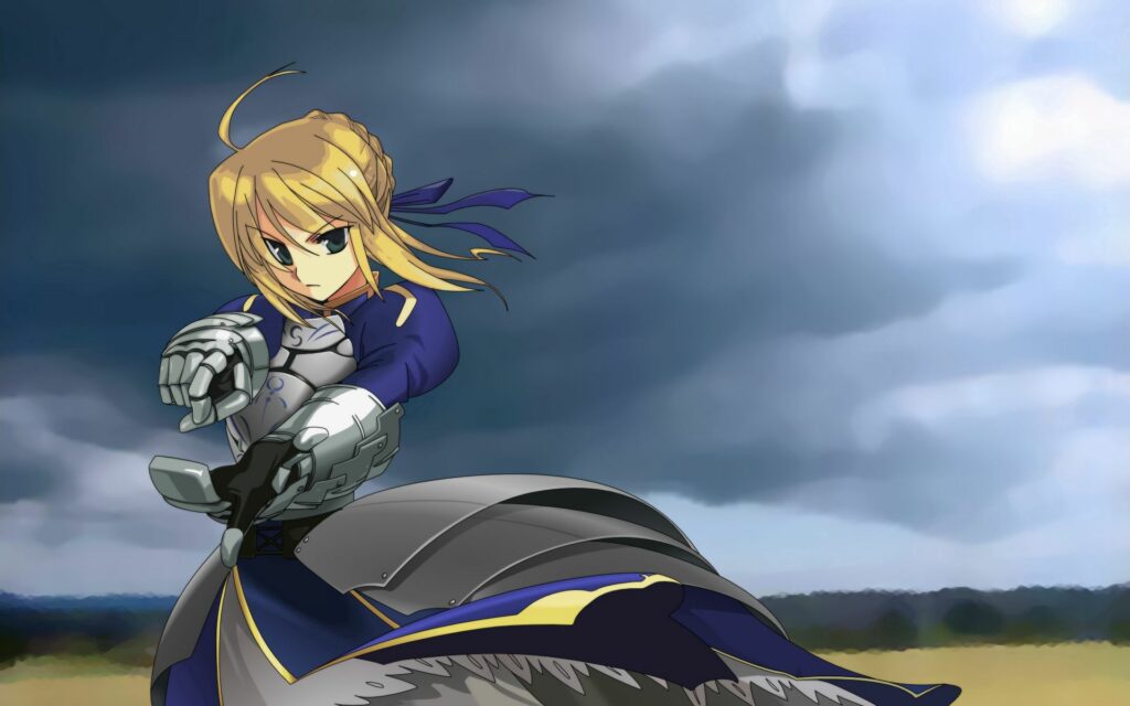 Anime Girl in Armor: Intense Battle-Ready Wallpaper with Dark Clouds