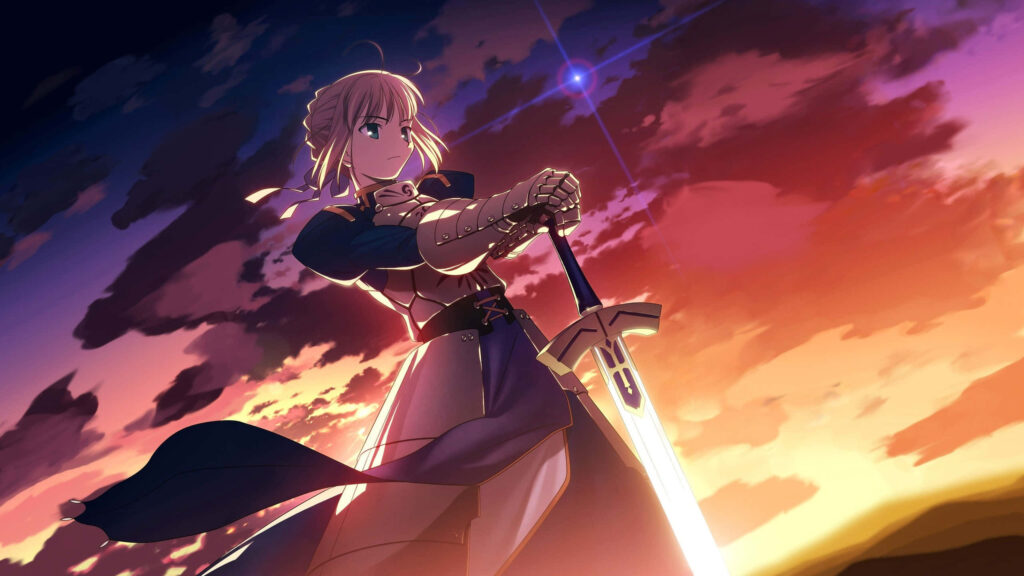 Epic Anime Warrior with Excalibur - Vibrant Sunset Wallpaper