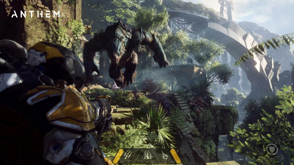 Powerful monster attacking armored Ranger Javelin in lush overgrown ruin Anthem game 4K wallpaper