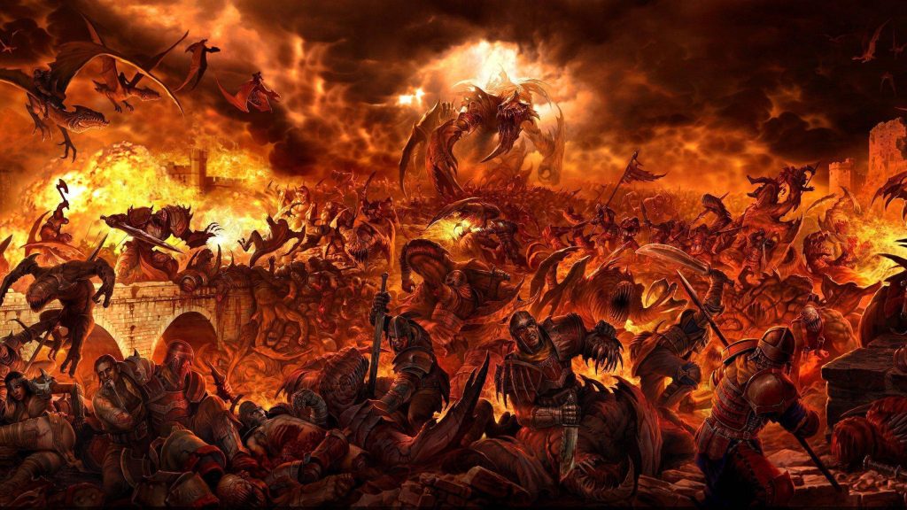 Epic apocalyptic battle digital art armored warriors fight demons in fiery hellscape ruins background Wallpaper