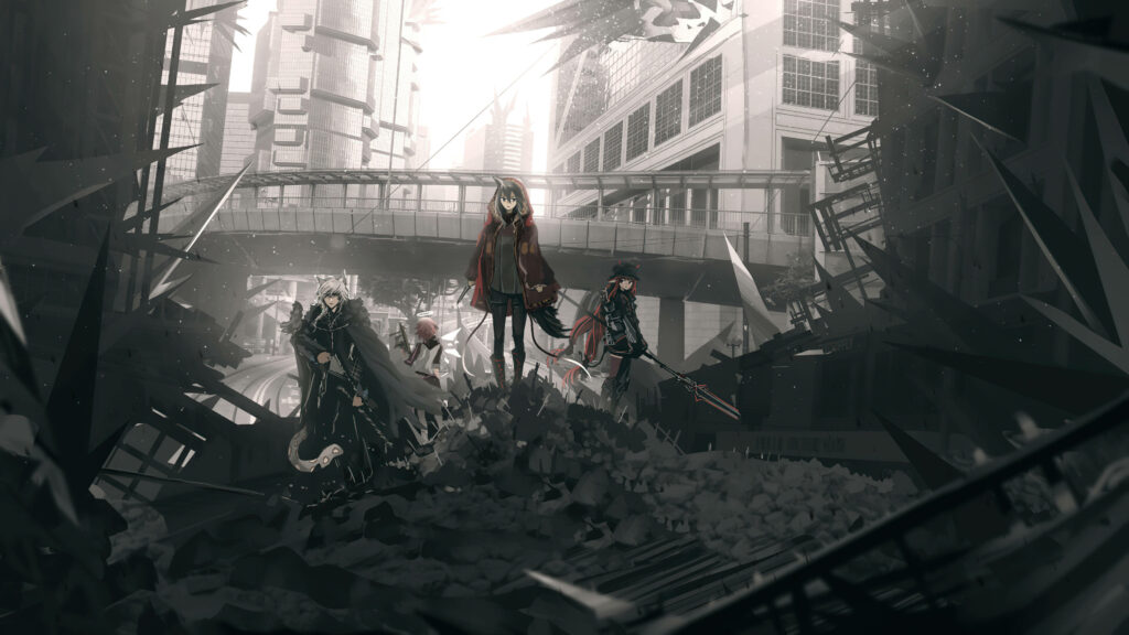 Arknights Urban Post-Apocalyptic Wallpaper: Rhodes Island Battle Scene