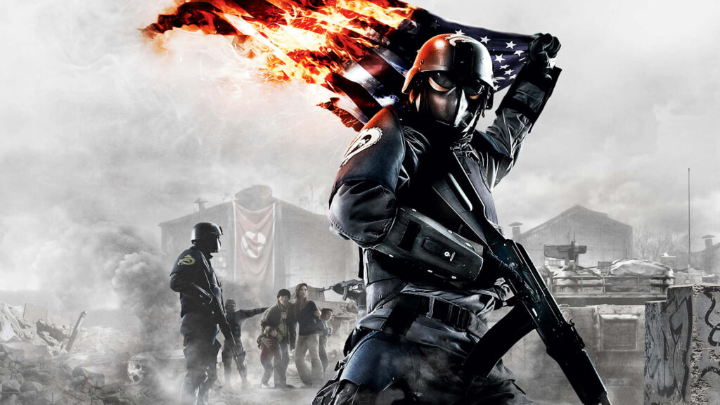 Epic Armored Soldier with Flaming Flag in War-Torn Wallpaper