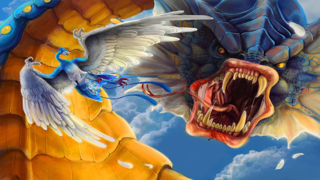 Intense digital Articuno versus sharp-fanged Gyarados battle in bright cloudy sky fantasy wallpaper