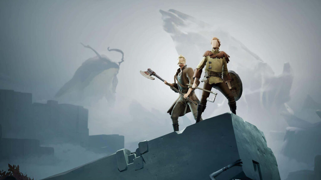 Two adventurers stand atop stone ruins in Ashen misty plains epic journey wallpaper background