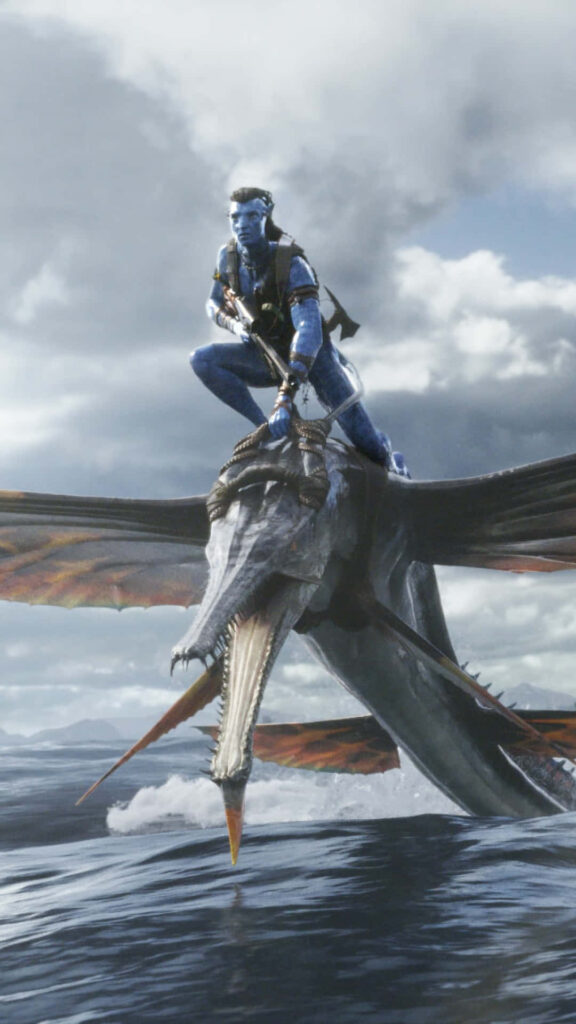Adventure Wallpaper: Avatar Character Flying on Dragon Over Ocean