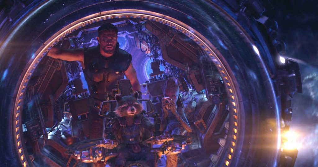 Thor Rocket Raccoon Teen Groot in glowing spaceship cockpit Avengers Infinity War wallpaper