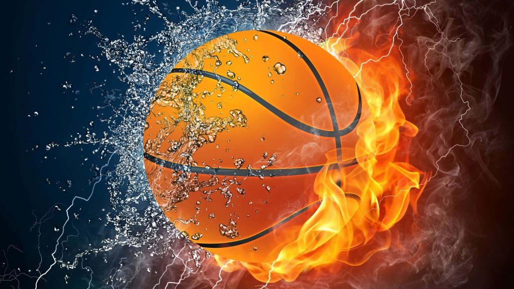 Basketball wallpaper with water lightning clash versus fire smoke dynamic digital art background