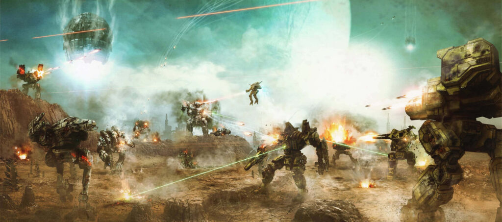Battlemechs clash in fiery futuristic BattleTech warzone with lasers explosions and smoke Wallpaper
