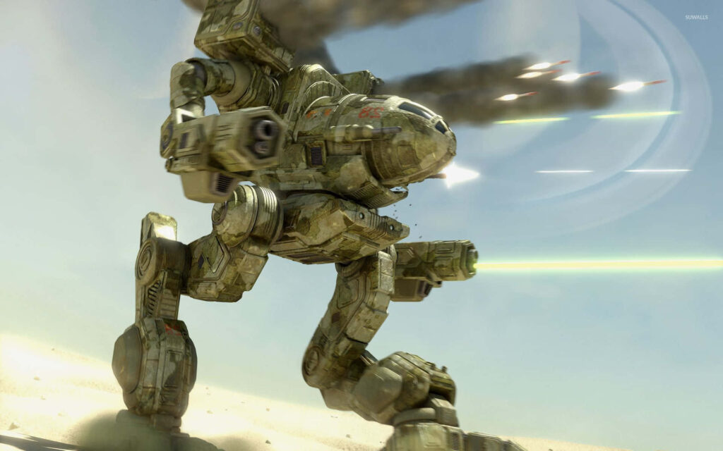 BattleTech mech charging in desert battlefield with lasers explosions epic action wallpaper background