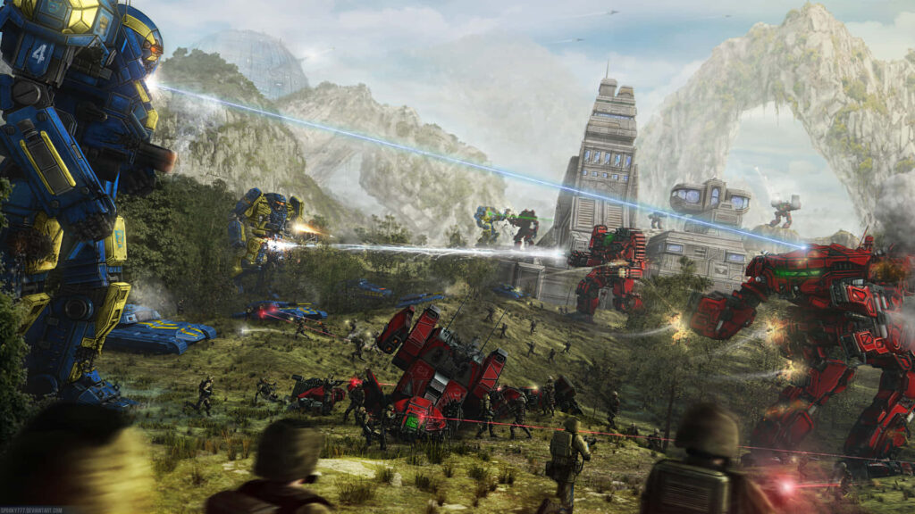 Epic BattleTech mechs clash with laser fire over rugged terrain in futuristic warfare wallpaper