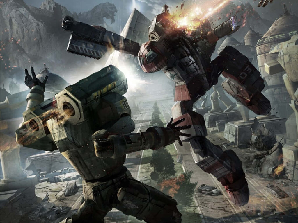 BattleTech wallpaper with two towering mechs in an explosive duel amid ruined cityscape background