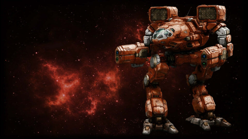 BattleTech mech ready for combat with dramatic red cosmic background futuristic warfare wallpaper