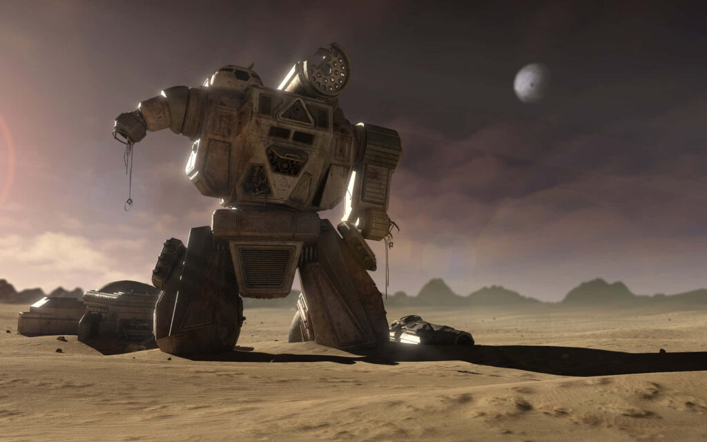 Massive BattleTech mech on desolate battlefield under dramatic sky ready for intense combat wallpaper