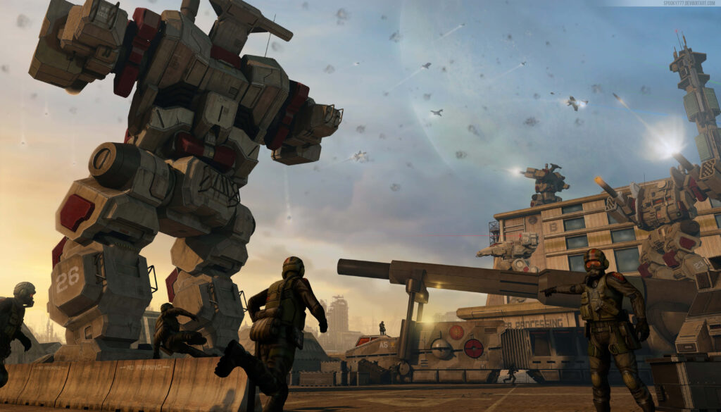 BattleTech battle scene wallpaper with towering mechs and armed soldiers on war-torn battlefield