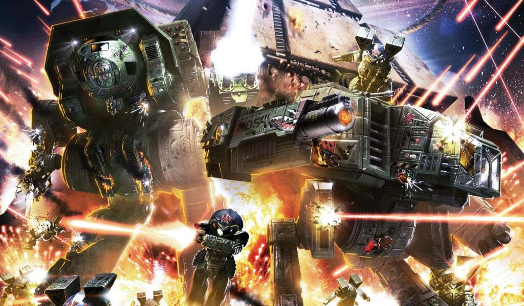 BattleTech Mech Warriors in explosive laser battle with massive war machines wallpaper background