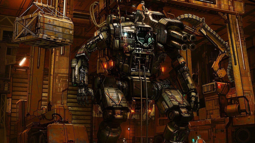 Massive battle mech in industrial hangar BattleTech universe dynamic wallpaper background