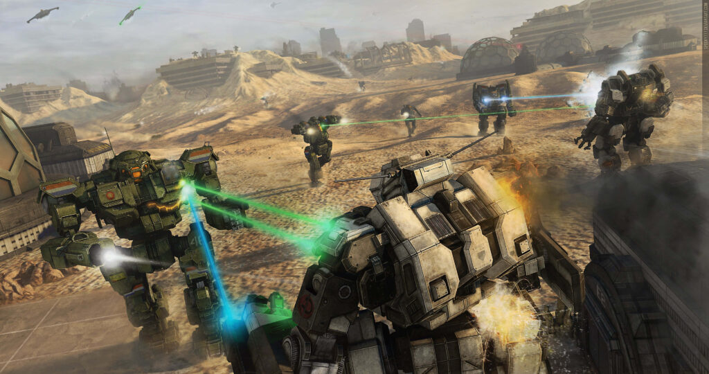 BattleTech mechs in intense desert firefight showcasing advanced robotic warfare wallpaper background