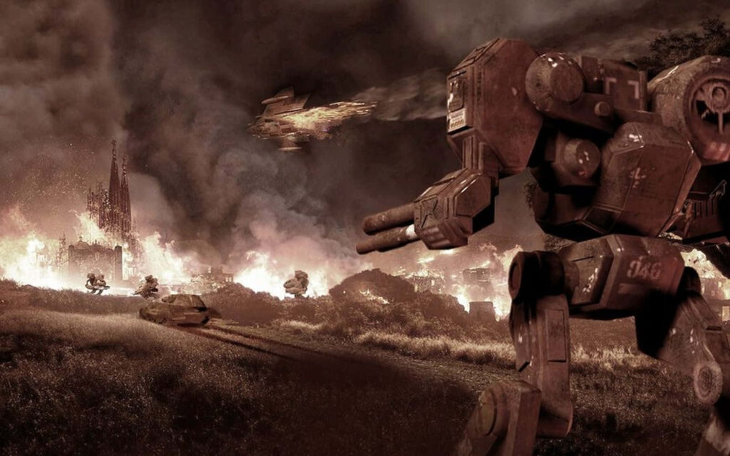 Gigantic BattleTech mechs march through fiery battlefield with smoke explosions and war chaos wallpaper