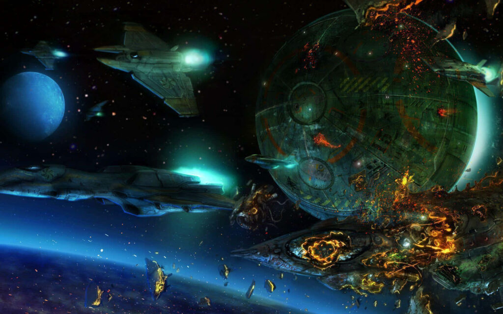 Epic BattleTech space battle with warships firing near damaged station and distant planets Wallpaper