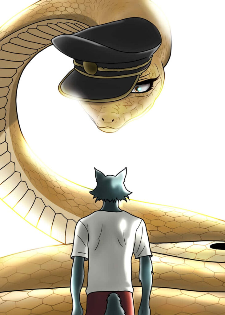 Beastars Wallpaper: Tense Moment with Wolf & Hat-Wearing Snake