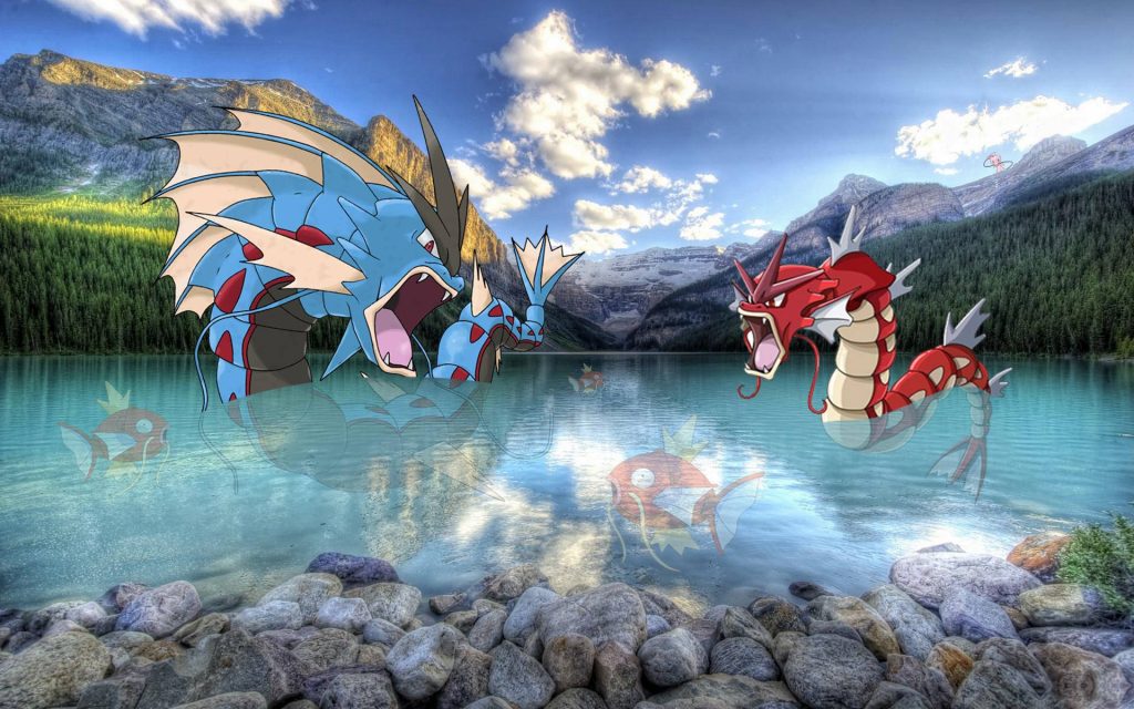 Epic battle between blue and red Shiny Gyarados by alpine lake with snowy mountains and Magikarp Wallpaper