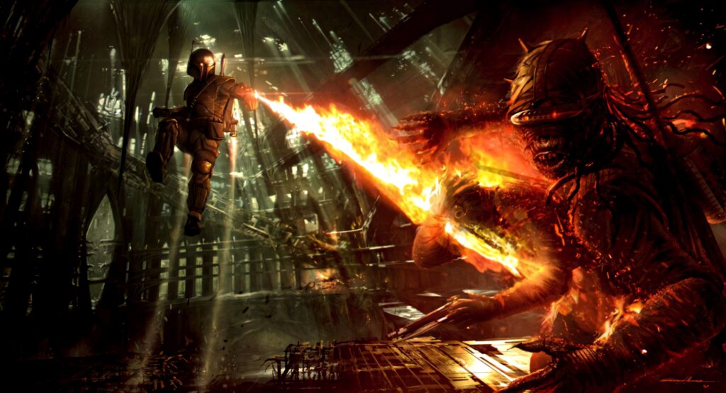 Intense Boba Fett Action Scene Wallpaper: Legendary Bounty Hunter