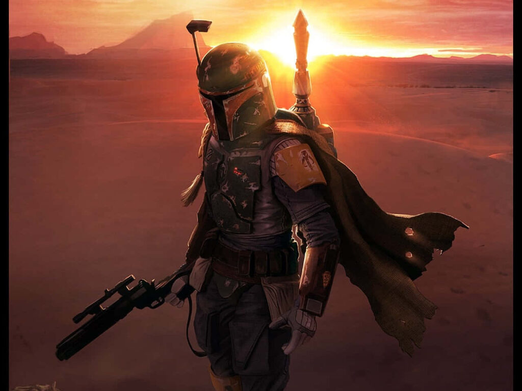 Imposing Boba Fett Wallpaper: Desert Sunset Armor Background