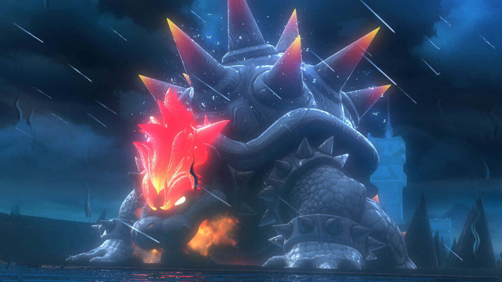 Epic Bowser roaring in flames with glowing spikes and rain in dark stormy battle scene wallpaper