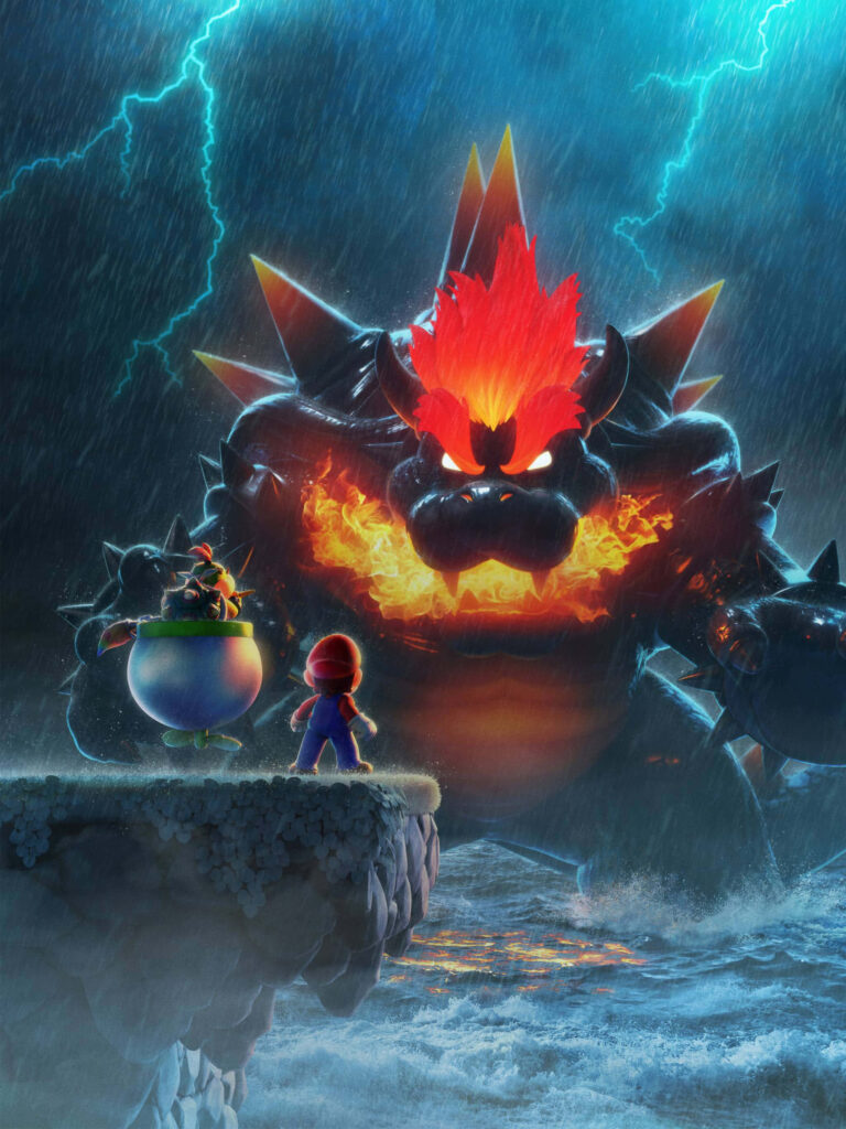 Epic Bowser fiery showdown with Mario under stormy night sky lightning vibrant flames wallpaper