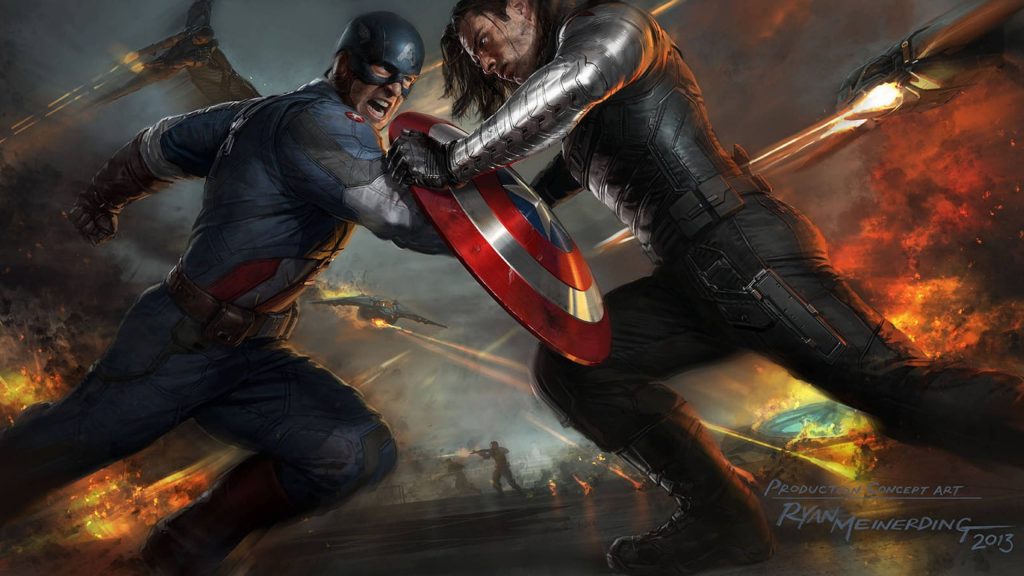 Epic battle scene Captain America shield vs Winter Soldier bionic arm MCU wallpaper background