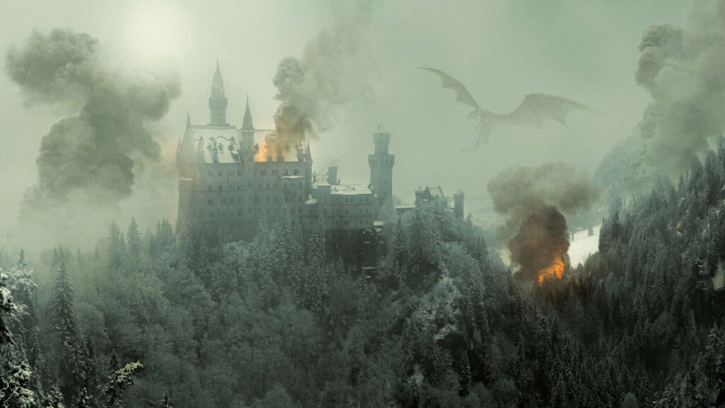 Epic Castle Destruction Wallpaper: Dragon, Fire & Misty Forest Scene