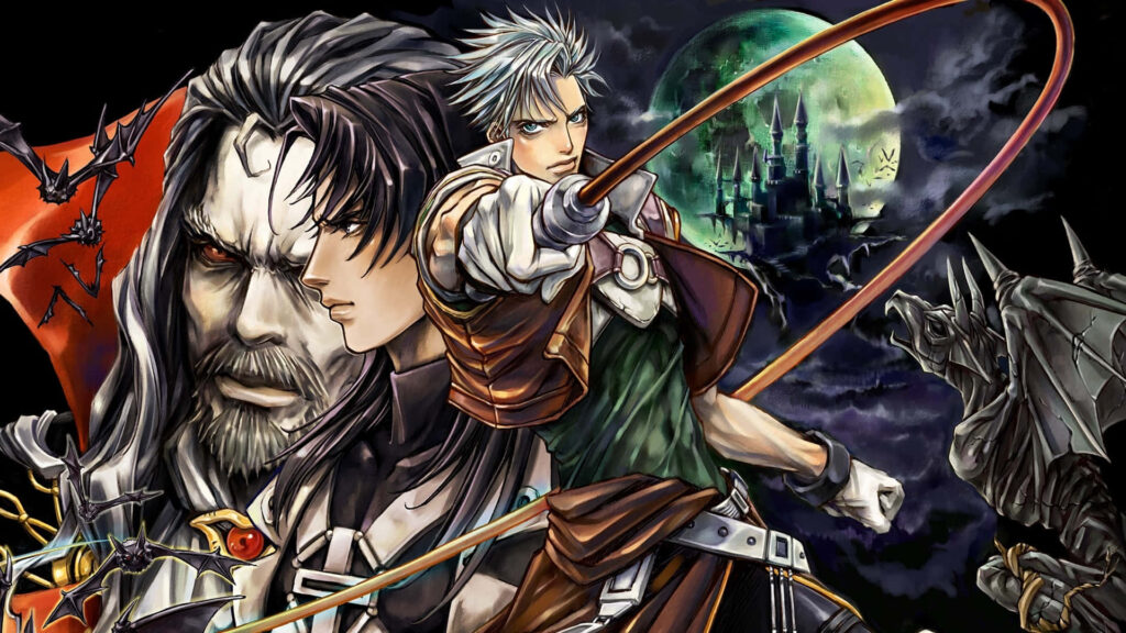 Iconic Castlevania Wallpaper: Heroes & Castle Under a Glowing Moon
