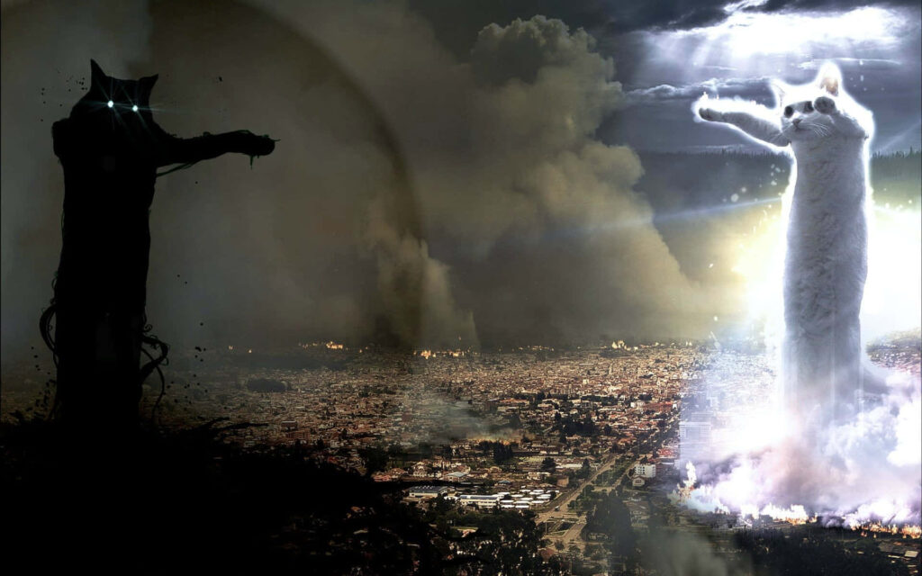Dramatic cat meme wallpaper glowing white cat faces shadowy black cat in post-apocalyptic cityscape