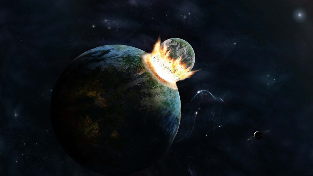 Epic HD digital art of fiery planet collision with ringed planet in vibrant deep space background Wallpaper