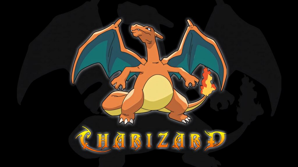 Charizard Pokémon wallpaper with fiery wings spread and blazing tail in bold orange blue colors