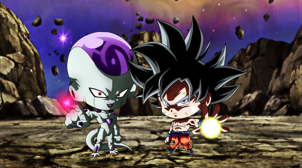 Epic chibi Frieza vs Goku wallpaper intense battle rocky wasteland purple sky floating debris