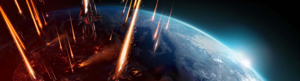 Cinematic Mass Effect Reaper invasion with massive ships firing orange beams on burning planet Wallpaper
