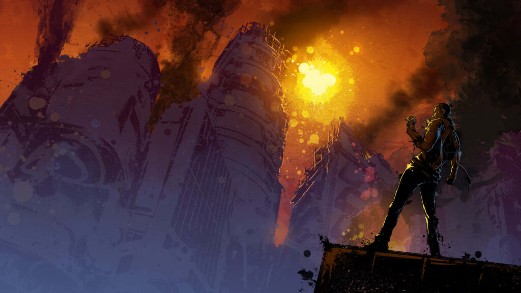 Intense Cityscape Wallpaper: Silhouetted Man Amidst Fiery Chaos