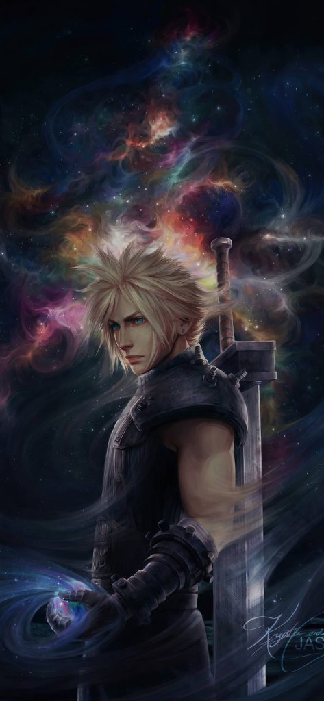 Cloud Strife with Buster Sword against vibrant cosmic nebula Final Fantasy iPhone wallpaper