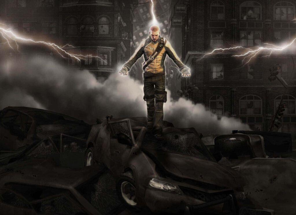 Electrifying Cole MacGrath Wallpaper in Post-Apocalyptic Setting