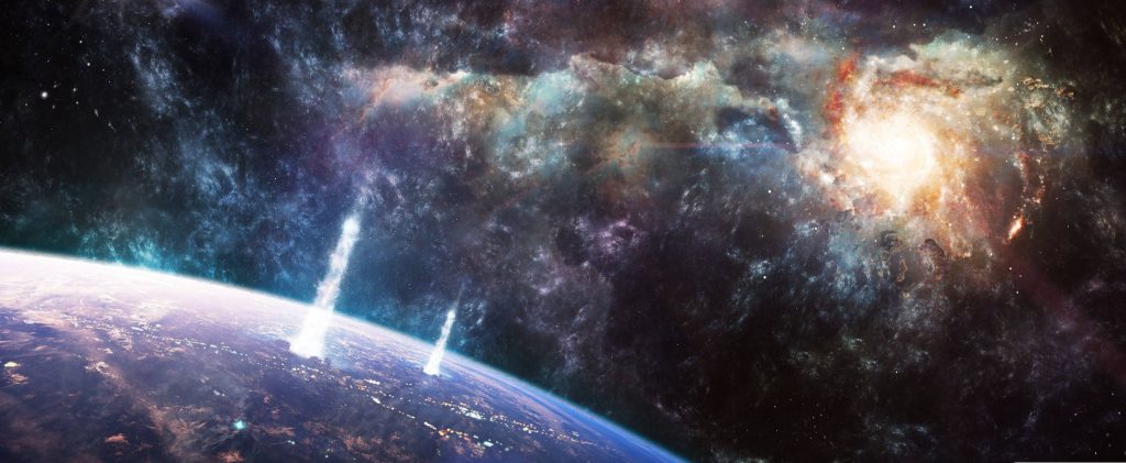 Cinematic widescreen wallpaper of glowing nebula and beams of light erupting from planet surface