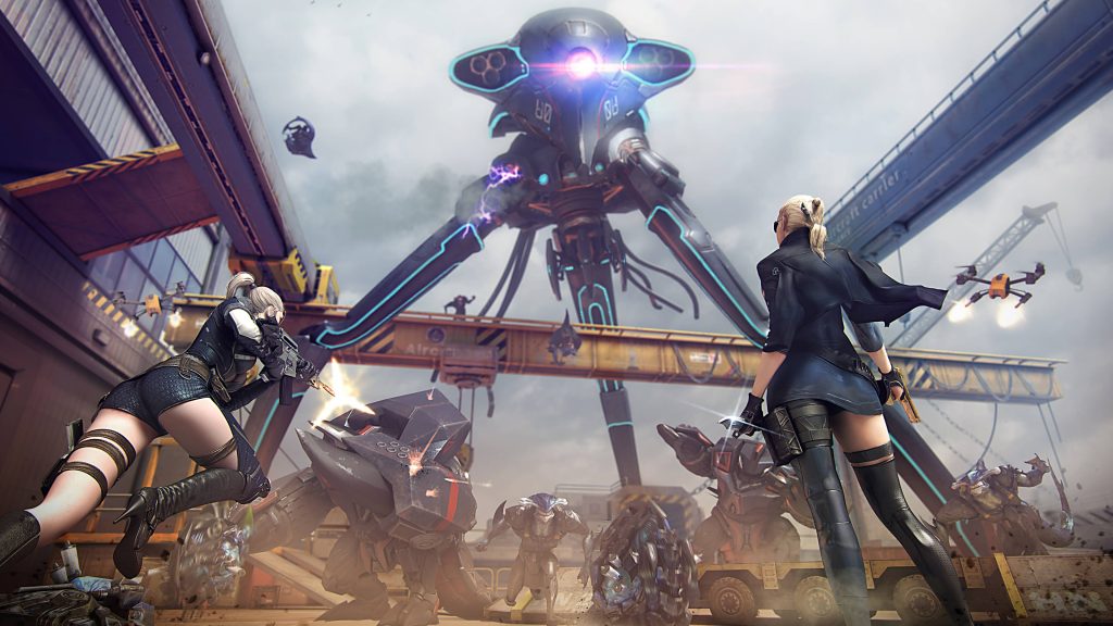 Two elite female operatives battle robotic enemies at shipyard in action-packed Crossfire wallpaper