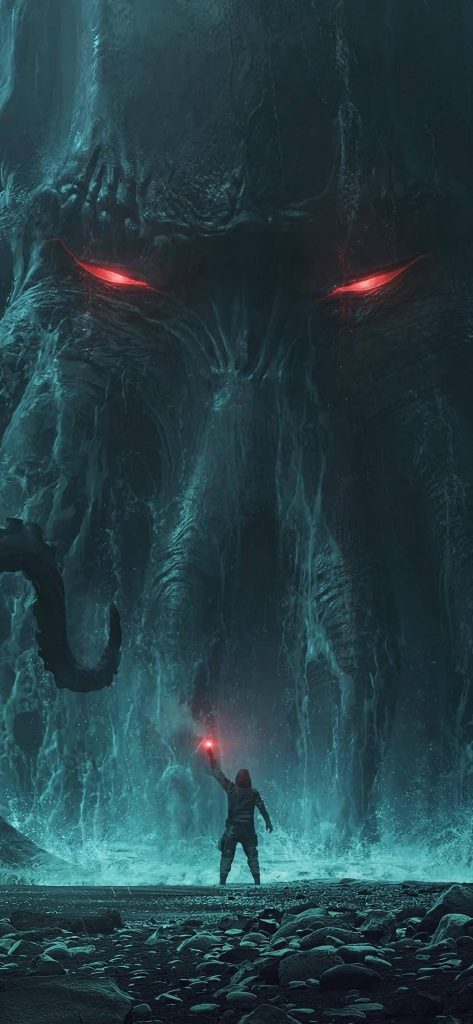 Epic Cthulhu wallpaper with tiny figure and red flare in dark teal cosmic background for iPhone Pro Max