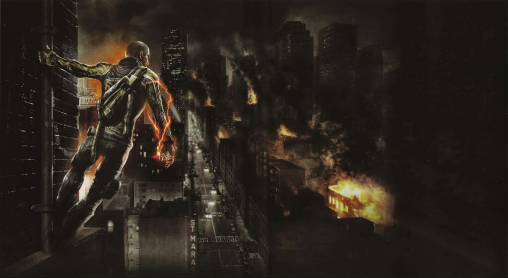 Epic Dark City Wallpaper: Hero Amid Flames and Chaos