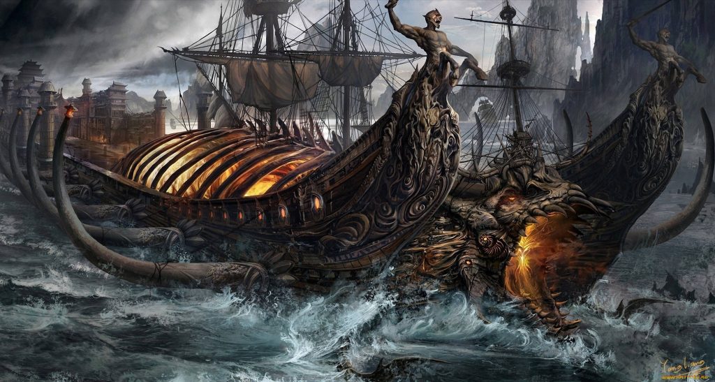 Dragon-headed ghost ship sails stormy seas near ancient fortress dark fantasy digital art wallpaper